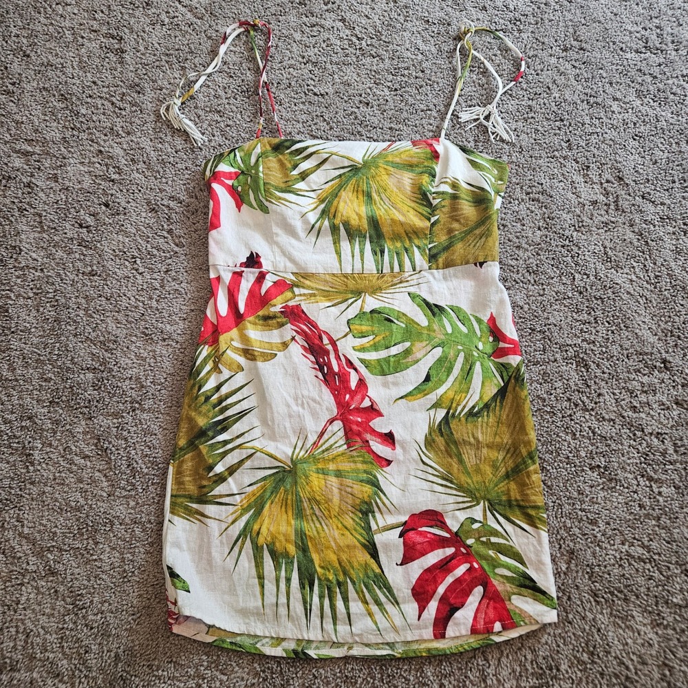 House of Harlow 1960 Tropical Leaf Print Mini Dress Beaded Strap Cutout‎ Linen